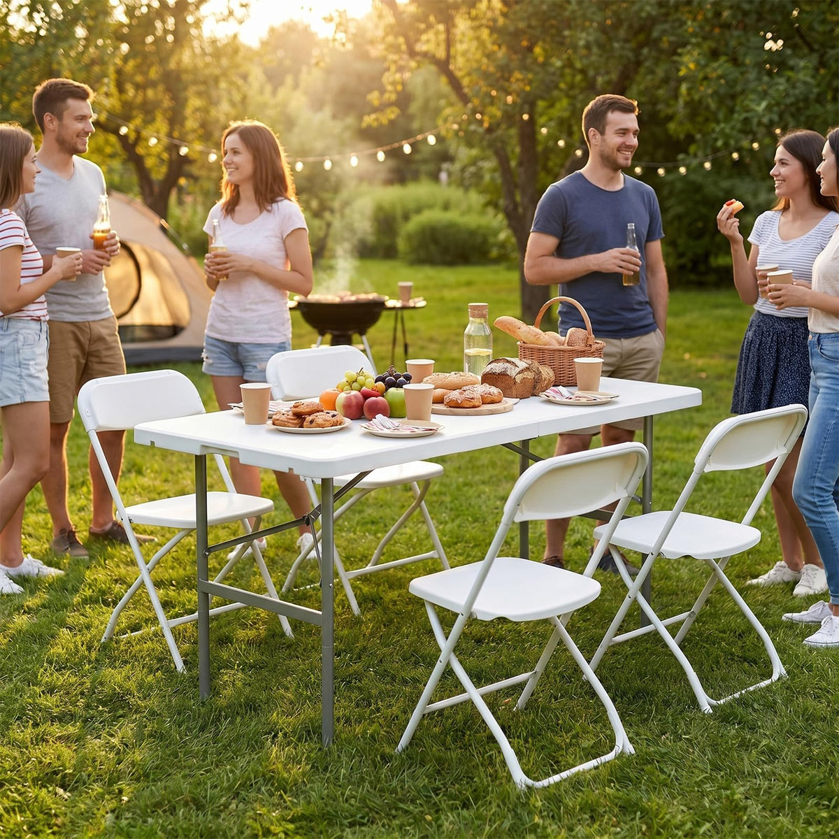 Sweetcrispy 122 cm Folding Picnic Table with Carrying Handle Basic White